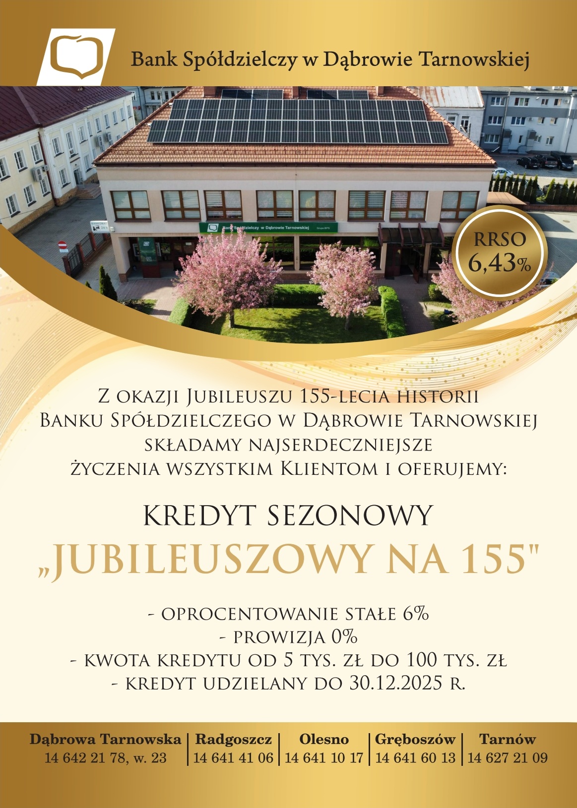 ulotka-jubileusz-155-lecia-banku-spoldzielczego-w-dabrowie-tarnowskiej-1 Reklama Banku Spółdzielczego w Dąbrowie Tarnowskiej przedstawiająca budynek banku ze złotym banerem podkreślającym specjalną sezonową ofertę kredytową "Jubileuszowy na 155" z okazji 155-lecia banku.