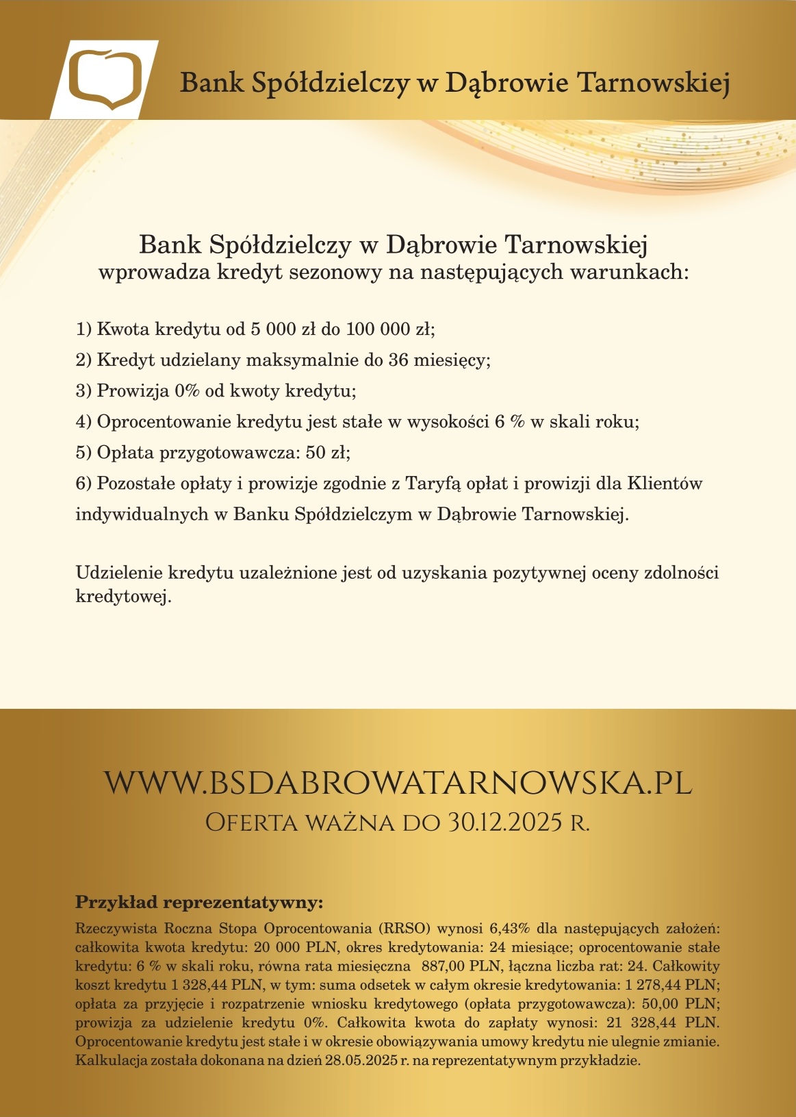 ulotka-jubileusz-155-lecia-banku-spoldzielczego-w-dabrowie-tarnowskiej-2 Polskojęzyczna ulotka Banku Spółdzielczego w Dąbrowie Tarnowskiej opisuje warunki kredytu, w tym kwoty, okres kredytowania, opłaty i oprocentowanie. Na dole podana jest strona internetowa banku oraz data ważności.