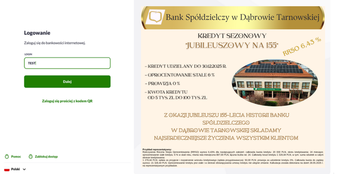 Strona logowania do konta bankowego po lewej, z polami na nazwę użytkownika i hasło; po prawej, baner promocyjny kredytu sezonowego w Banku Spółdzielczym w Dąbrowie Tarnowskiej, zawierający szczegóły kredytu i wizerunek banku.